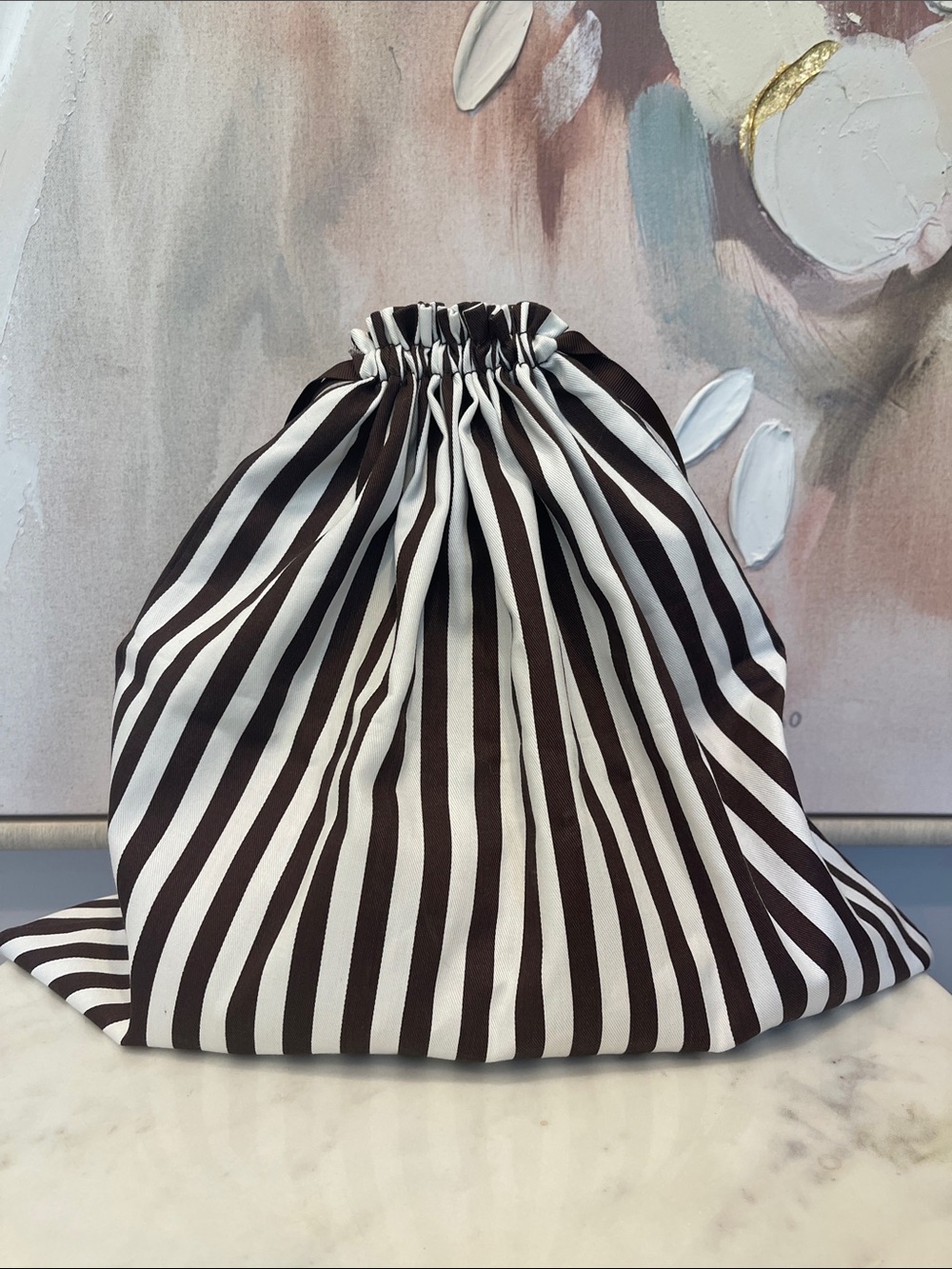 Henri Bendel Brown & White Striped Dustbag with Gold Logo - 15” x 16.5” - Picture 2 of 3